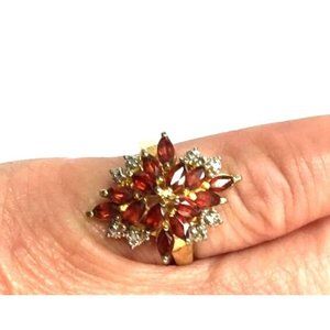 Marquise Garnet and Diamond Chip Vermeil 925 Ring Size 7.25 Marked with Script R